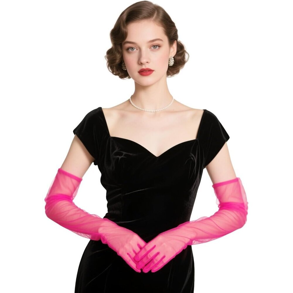 Women's Tulle Hot Pink Long Satin Gloves Evening Elbow Length Party Costumes